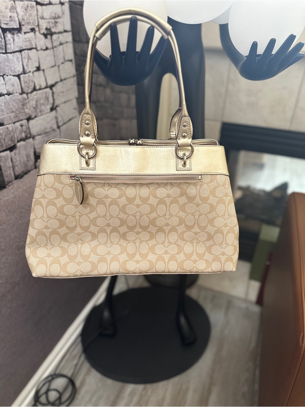 Coach Beige Monogram Hands Bag with Gold Trim